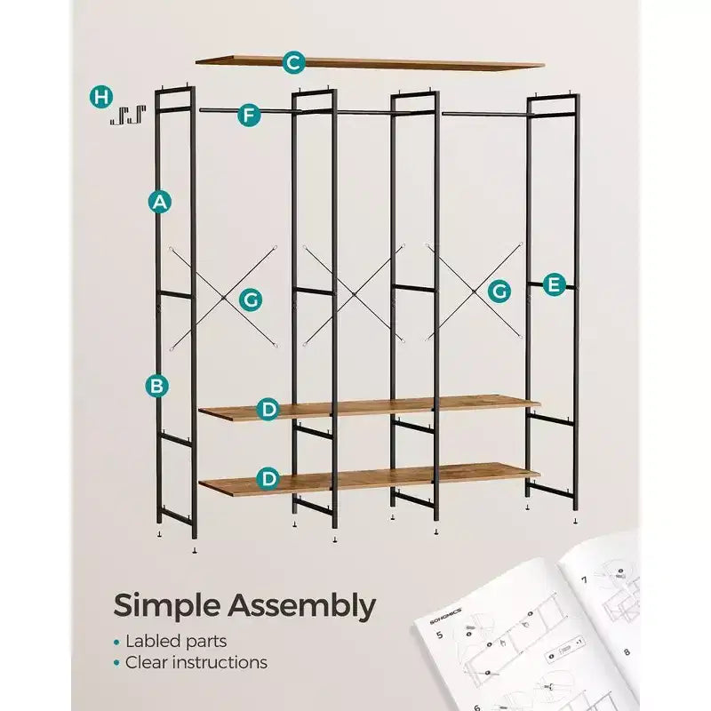 SONGMICS Appendiabiti, Guardaroba Organizer in Ferro e Legno, Appendiabiti Robusto con Aste Appendiabiti
