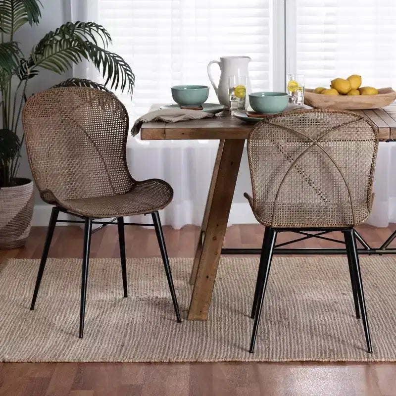 bali & pari Sabelle Japandi Greywashed Rattan and Metal Dining Chair Set