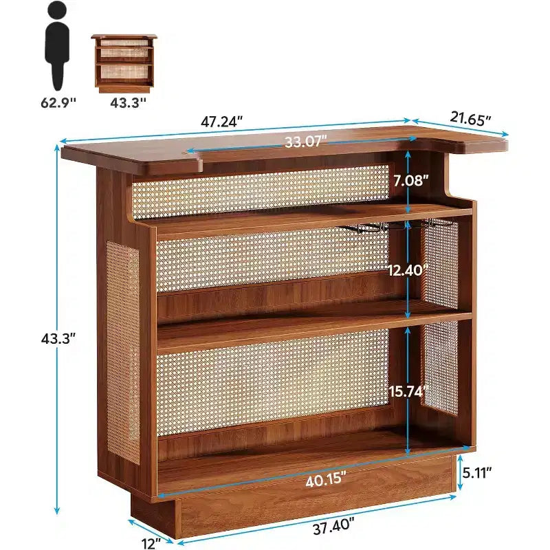 Mobile bar Lantine in rattan, mini bar a 4 ripiani in stile rustico con 4 portacalici e base rialzata, armadietto portabottiglie per pub domestico