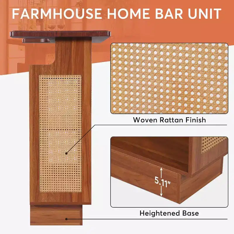 Mobile bar Lantine in rattan, mini bar a 4 ripiani in stile rustico con 4 portacalici e base rialzata, armadietto portabottiglie per pub domestico