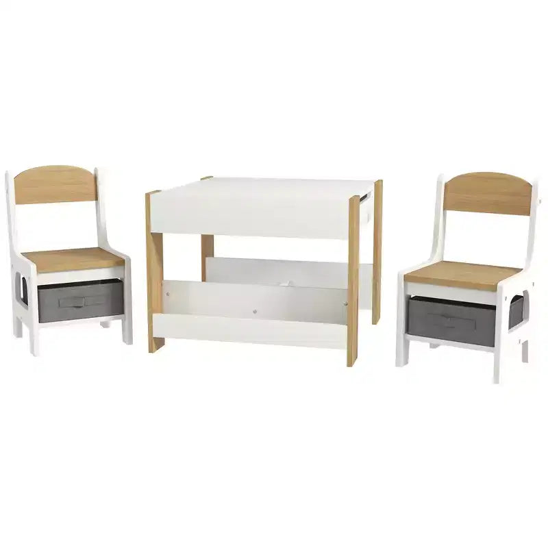 Qaba Set Tavolo e 2 Sedie per Bambini 3 Pezzi, Tavolino per Bambini 2 in 1 con Piano Reversibile, Lavagna, Contenitori e Scaffali