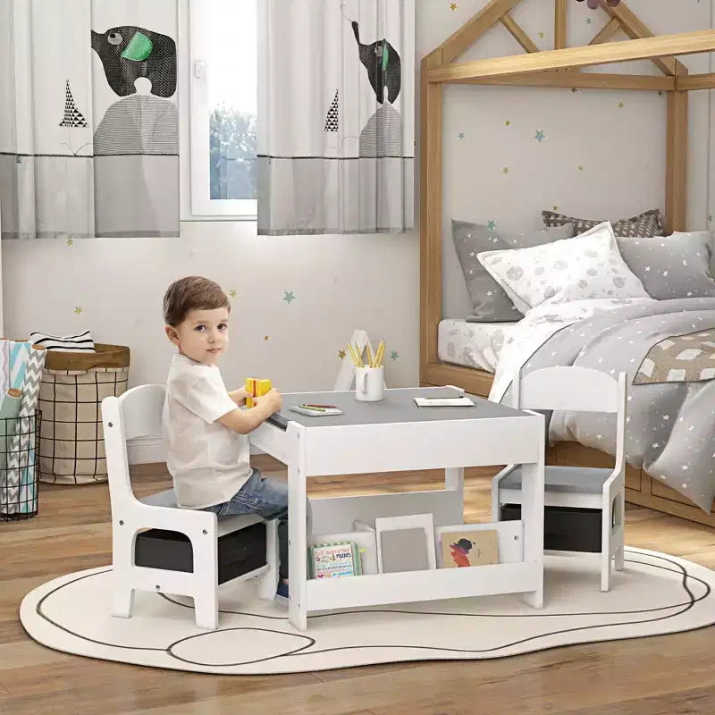 Qaba Set Tavolo e 2 Sedie per Bambini 3 Pezzi, Tavolino per Bambini 2 in 1 con Piano Reversibile, Lavagna, Contenitori e Scaffali