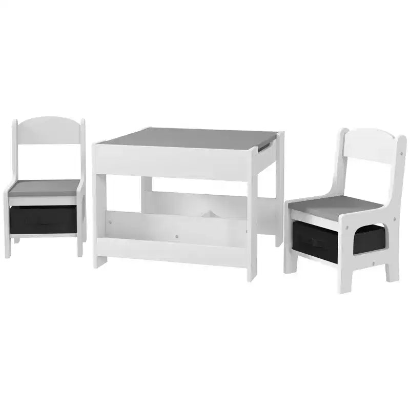 Qaba Set Tavolo e 2 Sedie per Bambini 3 Pezzi, Tavolino per Bambini 2 in 1 con Piano Reversibile, Lavagna, Contenitori e Scaffali