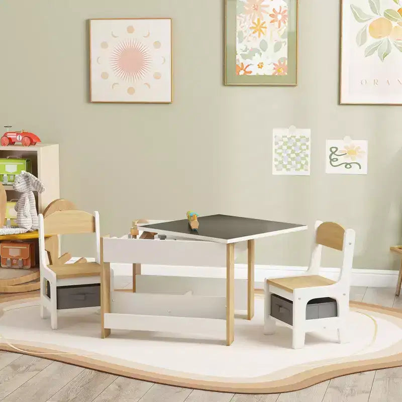 Qaba Set Tavolo e 2 Sedie per Bambini 3 Pezzi, Tavolino per Bambini 2 in 1 con Piano Reversibile, Lavagna, Contenitori e Scaffali