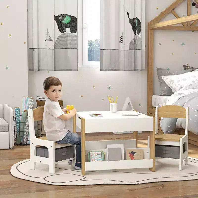 Qaba Set Tavolo e 2 Sedie per Bambini 3 Pezzi, Tavolino per Bambini 2 in 1 con Piano Reversibile, Lavagna, Contenitori e Scaffali