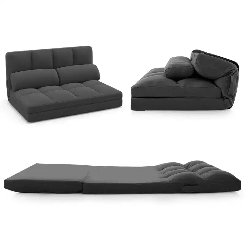 Divano Letto da Terra Costway con 2 Cuscini, Schienale Regolabile in 6 Posizioni, Rivestimento in Velluto Grigio Scuro/Grigio Chiaro