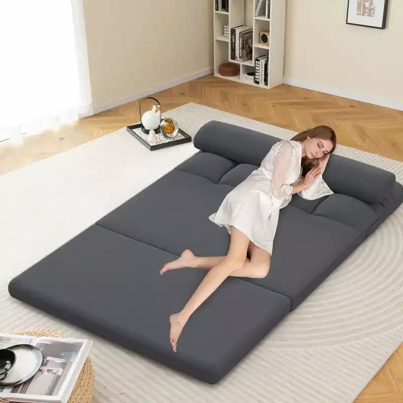 Divano Letto da Terra Costway con 2 Cuscini, Schienale Regolabile in 6 Posizioni, Rivestimento in Velluto Grigio Scuro/Grigio Chiaro