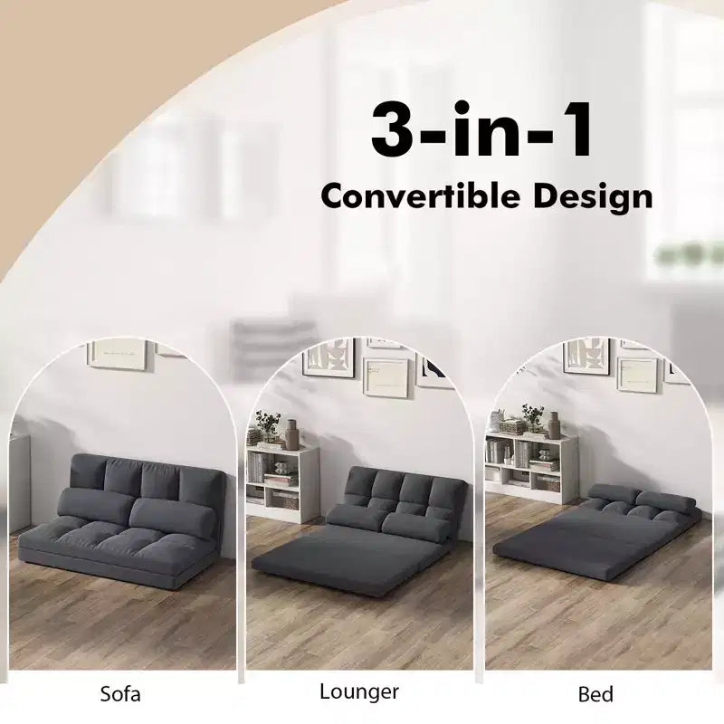 Divano Letto da Terra Costway con 2 Cuscini, Schienale Regolabile in 6 Posizioni, Rivestimento in Velluto Grigio Scuro/Grigio Chiaro