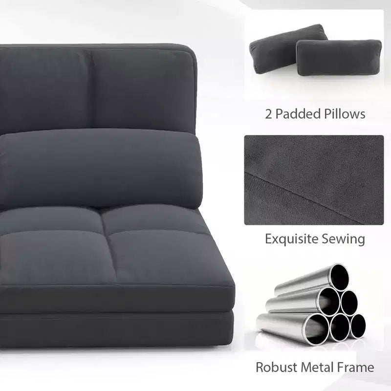 Divano Letto da Terra Costway con 2 Cuscini, Schienale Regolabile in 6 Posizioni, Rivestimento in Velluto Grigio Scuro/Grigio Chiaro