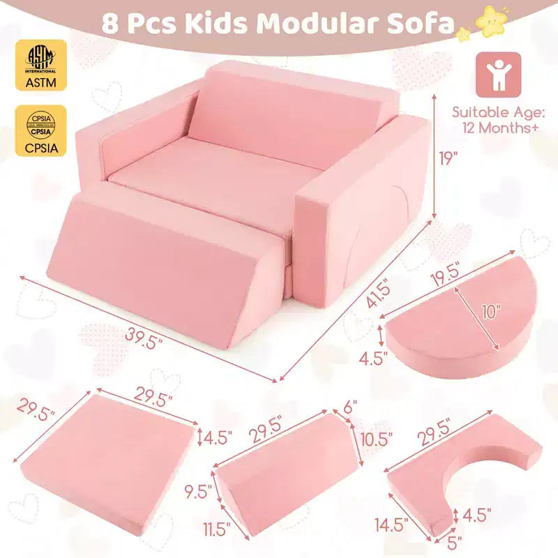 Costway Divano da Gioco Modulare per Bambini 8 Pezzi con Rivestimento Sfoderabile per Sala Giochi e Camera da Letto Interni Rosa/Grigio