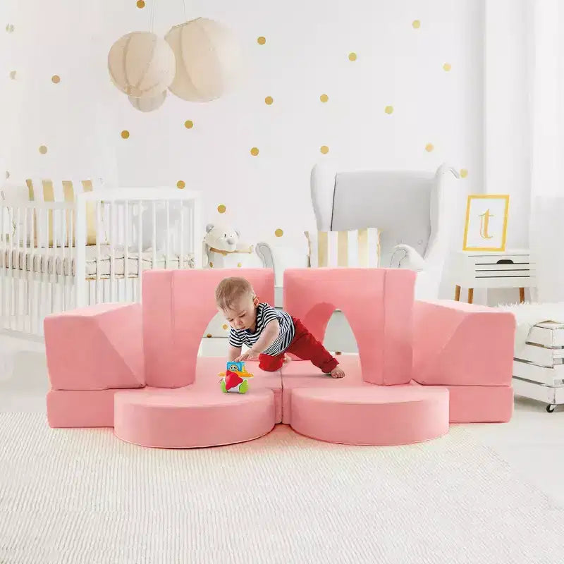 Costway Divano da Gioco Modulare per Bambini 8 Pezzi con Rivestimento Sfoderabile per Sala Giochi e Camera da Letto Interni Rosa/Grigio