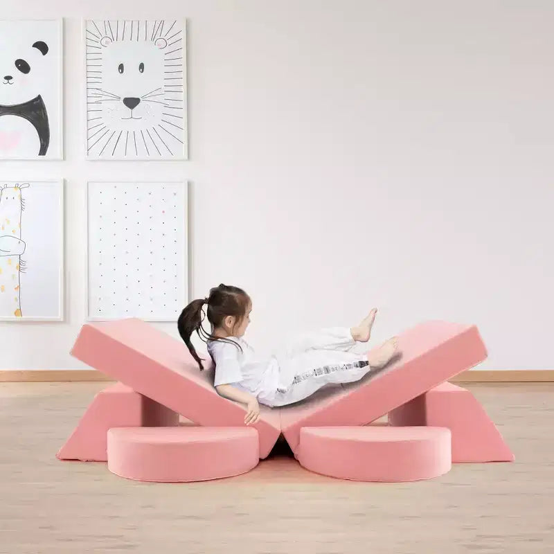 Costway Divano da Gioco Modulare per Bambini 8 Pezzi con Rivestimento Sfoderabile per Sala Giochi e Camera da Letto Interni Rosa/Grigio