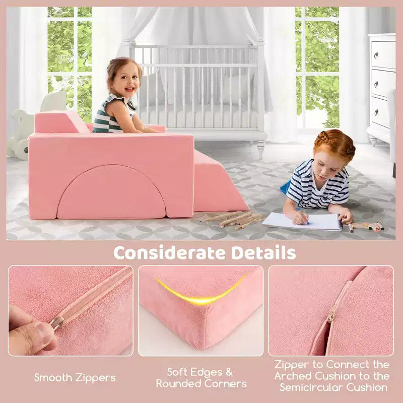 Costway Divano da Gioco Modulare per Bambini 8 Pezzi con Rivestimento Sfoderabile per Sala Giochi e Camera da Letto Interni Rosa/Grigio