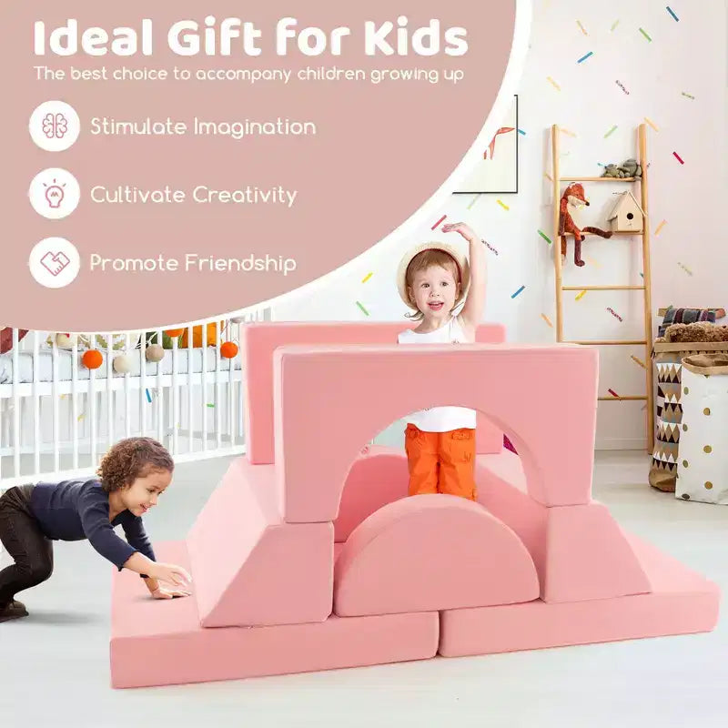 Costway Divano da Gioco Modulare per Bambini 8 Pezzi con Rivestimento Sfoderabile per Sala Giochi e Camera da Letto Interni Rosa/Grigio