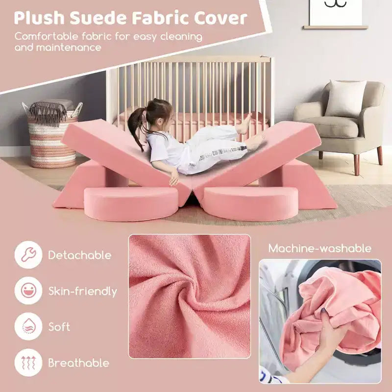 Costway Divano da Gioco Modulare per Bambini 8 Pezzi con Rivestimento Sfoderabile per Sala Giochi e Camera da Letto Interni Rosa/Grigio