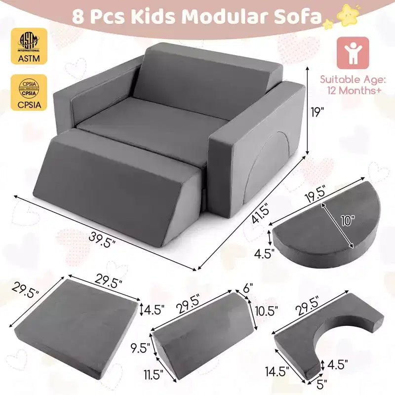 Costway Divano da Gioco Modulare per Bambini 8 Pezzi con Rivestimento Sfoderabile per Sala Giochi e Camera da Letto Interni Rosa/Grigio
