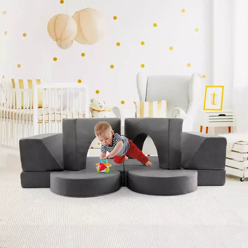 Costway Divano da Gioco Modulare per Bambini 8 Pezzi con Rivestimento Sfoderabile per Sala Giochi e Camera da Letto Interni Rosa/Grigio