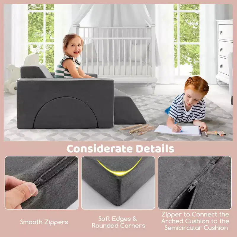 Costway Divano da Gioco Modulare per Bambini 8 Pezzi con Rivestimento Sfoderabile per Sala Giochi e Camera da Letto Interni Rosa/Grigio