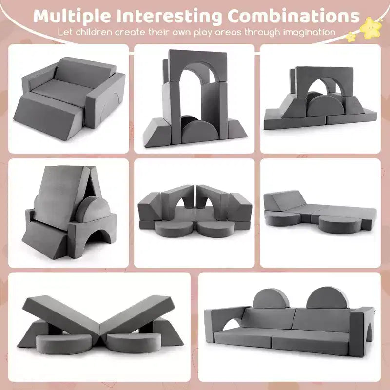 Costway Divano da Gioco Modulare per Bambini 8 Pezzi con Rivestimento Sfoderabile per Sala Giochi e Camera da Letto Interni Rosa/Grigio