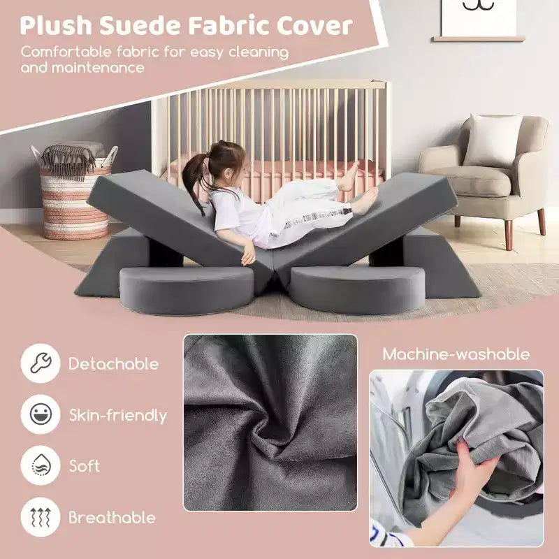 Costway Divano da Gioco Modulare per Bambini 8 Pezzi con Rivestimento Sfoderabile per Sala Giochi e Camera da Letto Interni Rosa/Grigio