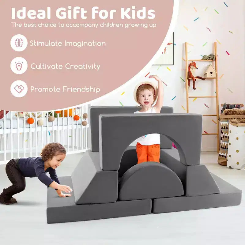 Costway Divano da Gioco Modulare per Bambini 8 Pezzi con Rivestimento Sfoderabile per Sala Giochi e Camera da Letto Interni Rosa/Grigio