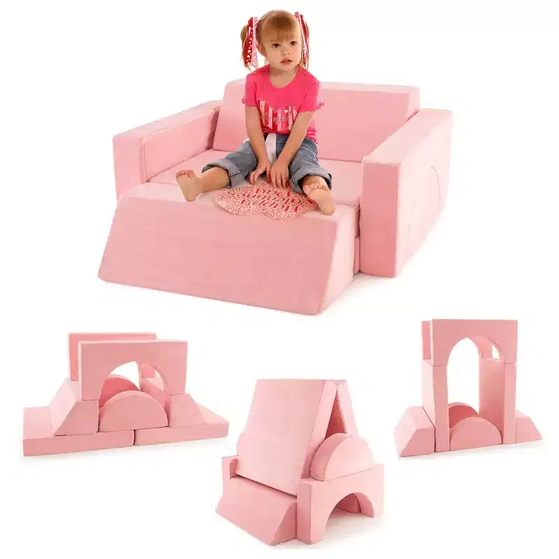 Costway Divano da Gioco Modulare per Bambini 8 Pezzi con Rivestimento Sfoderabile per Sala Giochi e Camera da Letto Interni Rosa/Grigio