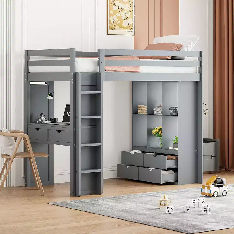 Letto a soppalco da una piazza e mezza/matrimoniale con ampi ripiani, scrivania e luce LED 4A - ModernLuxe