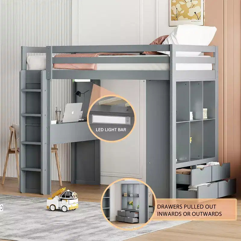 Twin/Full Size Loft Bed with Large Shelves, Writing Desk and LED Light 4A - ModernLuxe