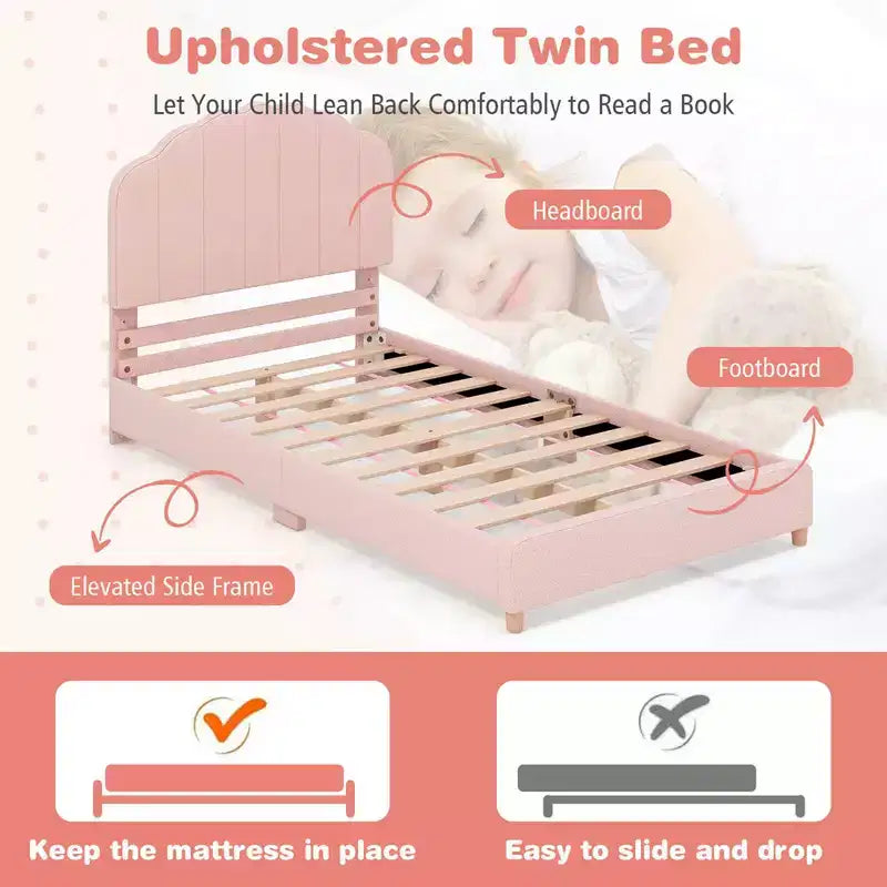 Costway Letto a Piattaforma Singolo per Bambini, Letto Imbottito con Doghe in Legno