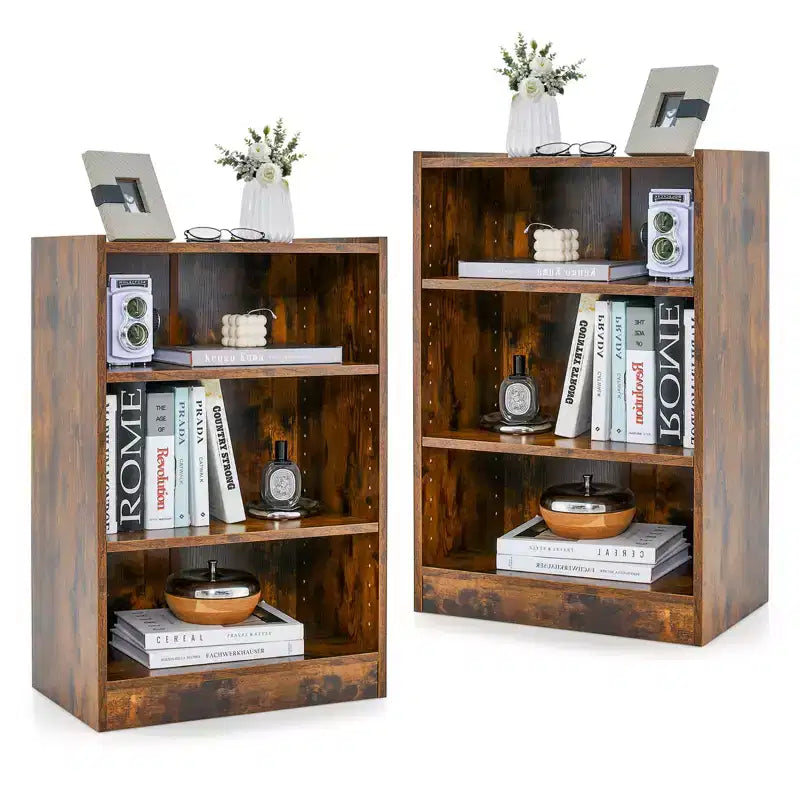 Costway 2 pz Scaffale Libreria a 3 Ripiani Aperto Mobile Scaffale Espositore Multiuso con Ripiani Regolabili Bianco/Nero/Marrone