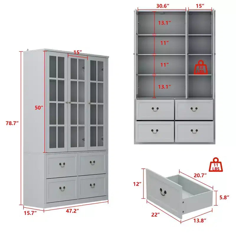 Famapy 47.2W Credenza Organizer Dispensa con Ante in Vetro Grigia