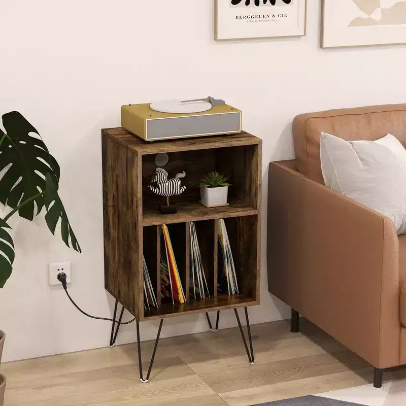 Mobile giradischi a 3 ripiani Costway con ripiano stazione di ricarica e 4 divisori per camera da letto noce/nero/marrone