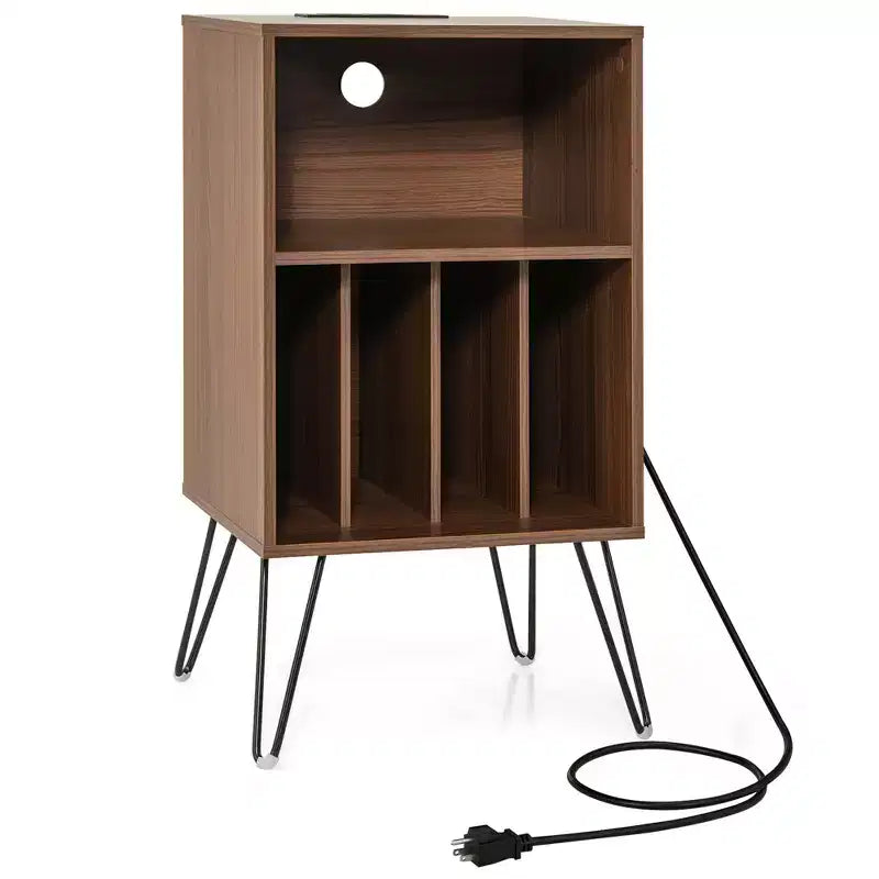 Mobile giradischi a 3 ripiani Costway con ripiano stazione di ricarica e 4 divisori per camera da letto noce/nero/marrone