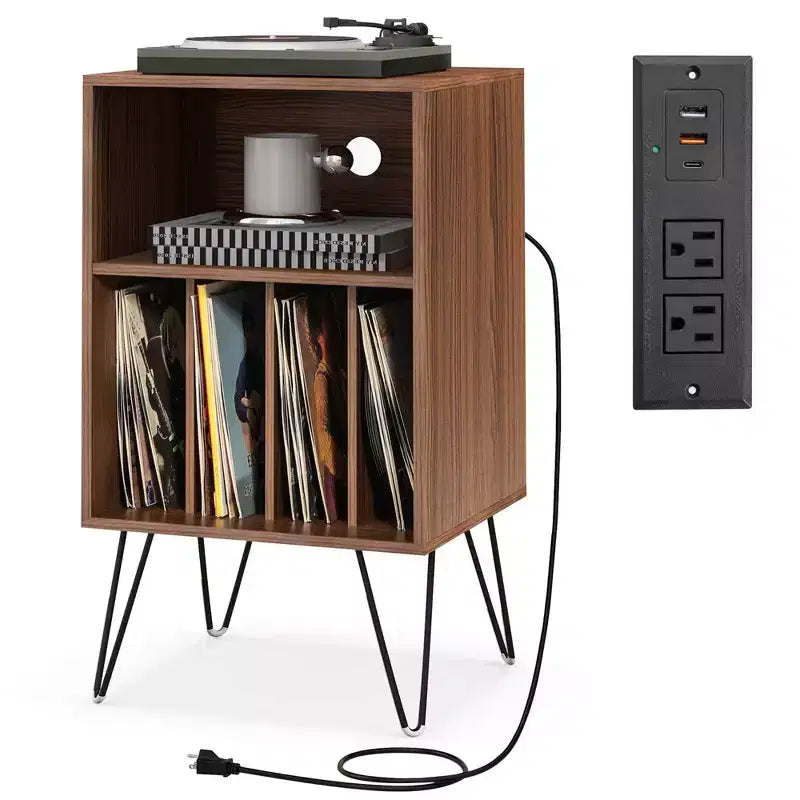 Mobile giradischi a 3 ripiani Costway con ripiano stazione di ricarica e 4 divisori per camera da letto noce/nero/marrone