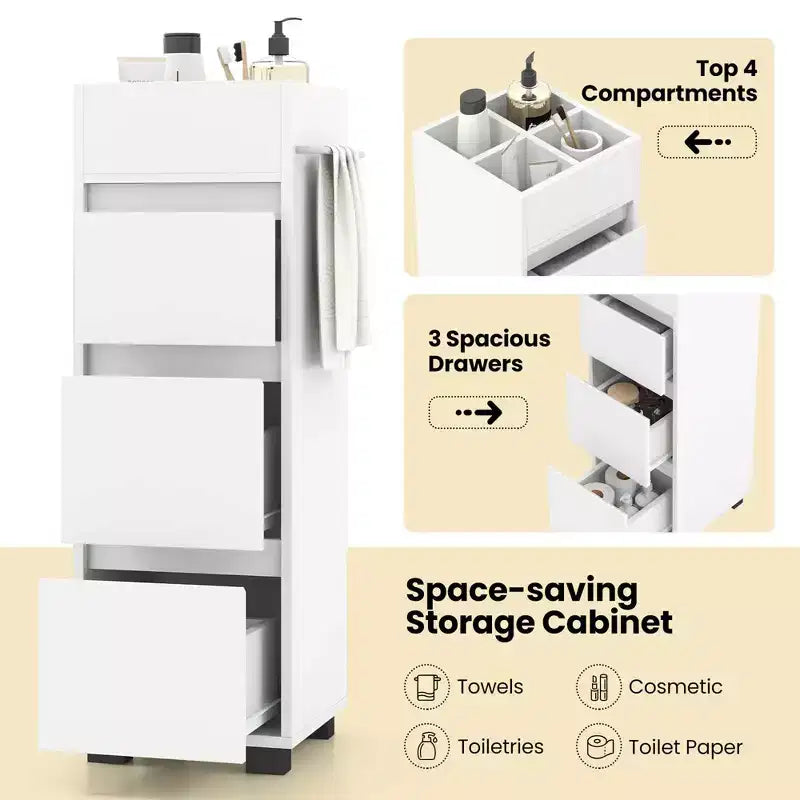 Costway Mobile Bagno da Terra con 3 Cassetti 4 Scomparti Scaffale Porta Asciugamani Bifacciale Bianco