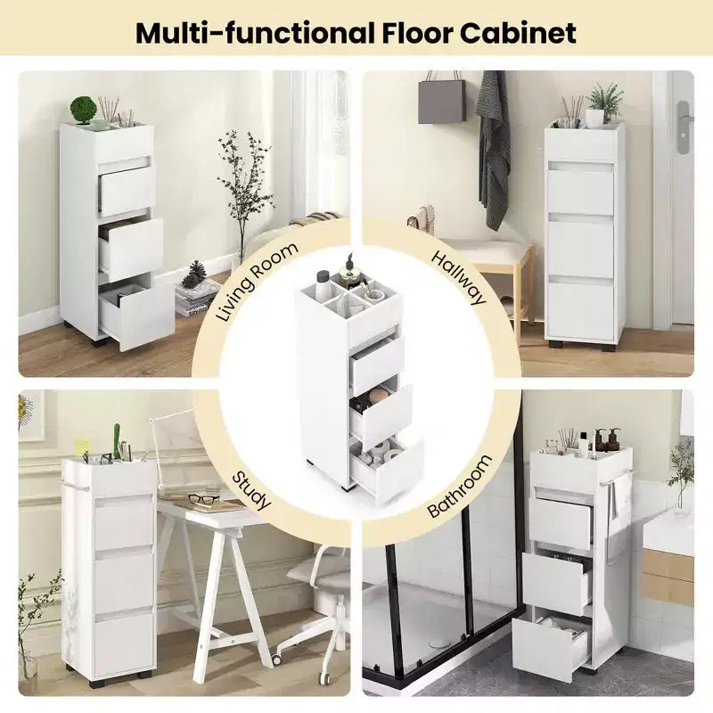 Costway Mobile Bagno da Terra con 3 Cassetti 4 Scomparti Scaffale Porta Asciugamani Bifacciale Bianco