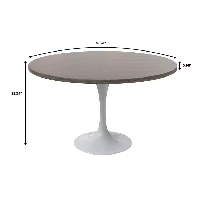 LeisureMod Verve Tavolo moderno di metà secolo con piano rotondo in MDF da 48 pollici e base a piedistallo in acciaio bianco per cucina e sala da pranzo in Acero Scuro