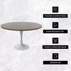 LeisureMod Verve Tavolo moderno di metà secolo con piano rotondo in MDF da 48 pollici e base a piedistallo in acciaio bianco per cucina e sala da pranzo in Acero Scuro
