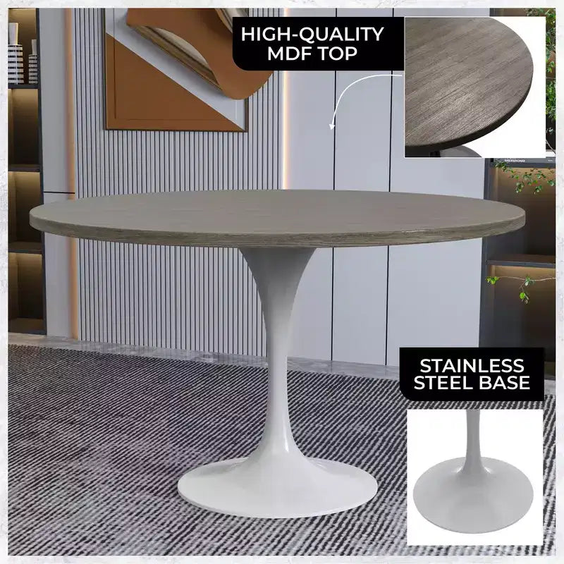 LeisureMod Verve Tavolo moderno di metà secolo con piano rotondo in MDF da 48 pollici e base a piedistallo in acciaio bianco per cucina e sala da pranzo in Acero Scuro