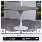 LeisureMod Verve Tavolo moderno di metà secolo con piano rotondo in MDF da 48 pollici e base a piedistallo in acciaio bianco per cucina e sala da pranzo in Acero Scuro