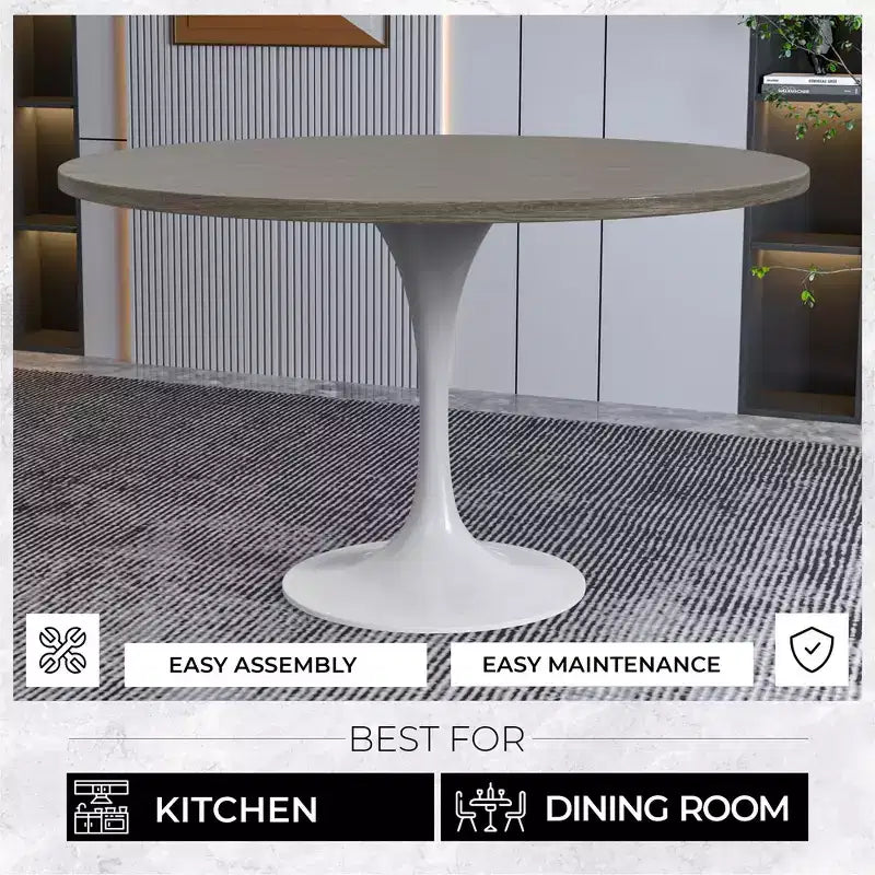 LeisureMod Verve Tavolo moderno di metà secolo con piano rotondo in MDF da 48 pollici e base a piedistallo in acciaio bianco per cucina e sala da pranzo in Acero Scuro