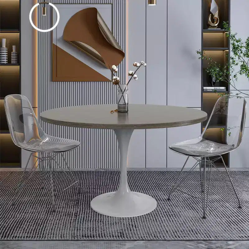 LeisureMod Verve Tavolo moderno di metà secolo con piano rotondo in MDF da 48 pollici e base a piedistallo in acciaio bianco per cucina e sala da pranzo in Acero Scuro