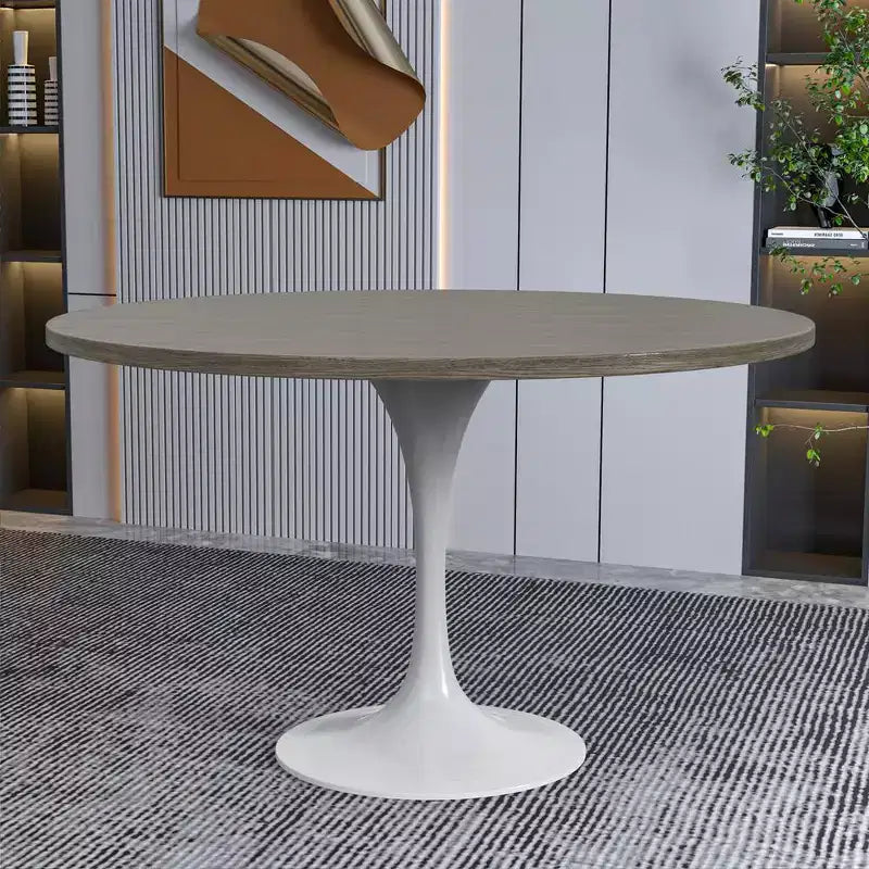 LeisureMod Verve Tavolo moderno di metà secolo con piano rotondo in MDF da 48 pollici e base a piedistallo in acciaio bianco per cucina e sala da pranzo in Acero Scuro