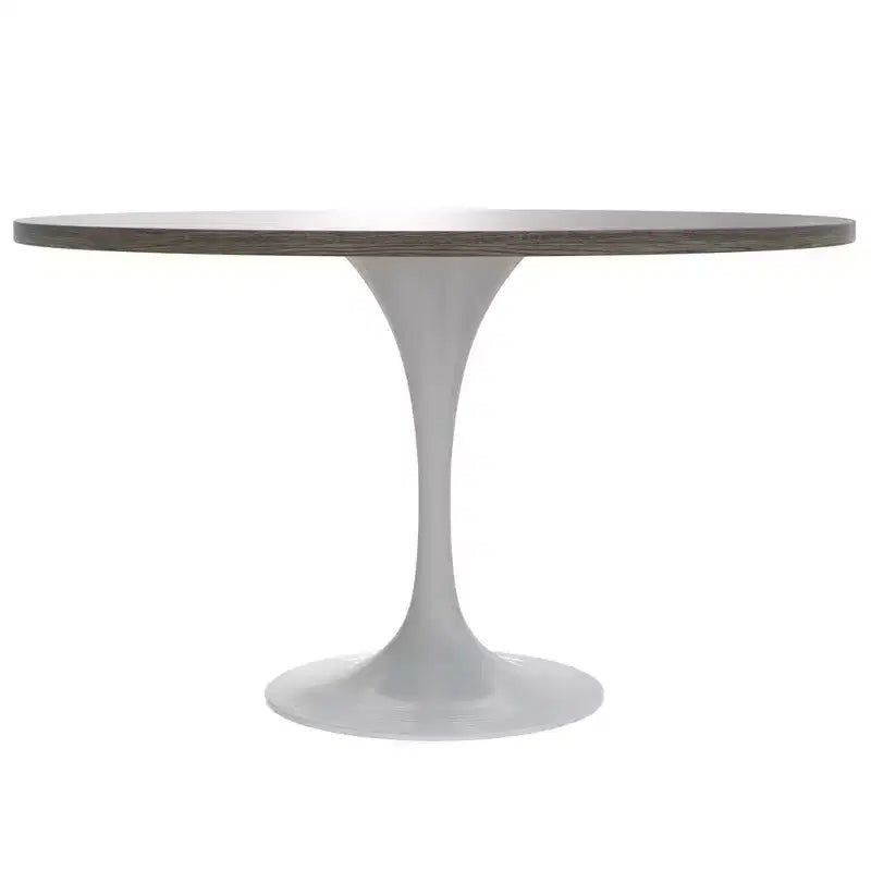 LeisureMod Verve Tavolo moderno di metà secolo con piano rotondo in MDF da 48 pollici e base a piedistallo in acciaio bianco per cucina e sala da pranzo in Acero Scuro