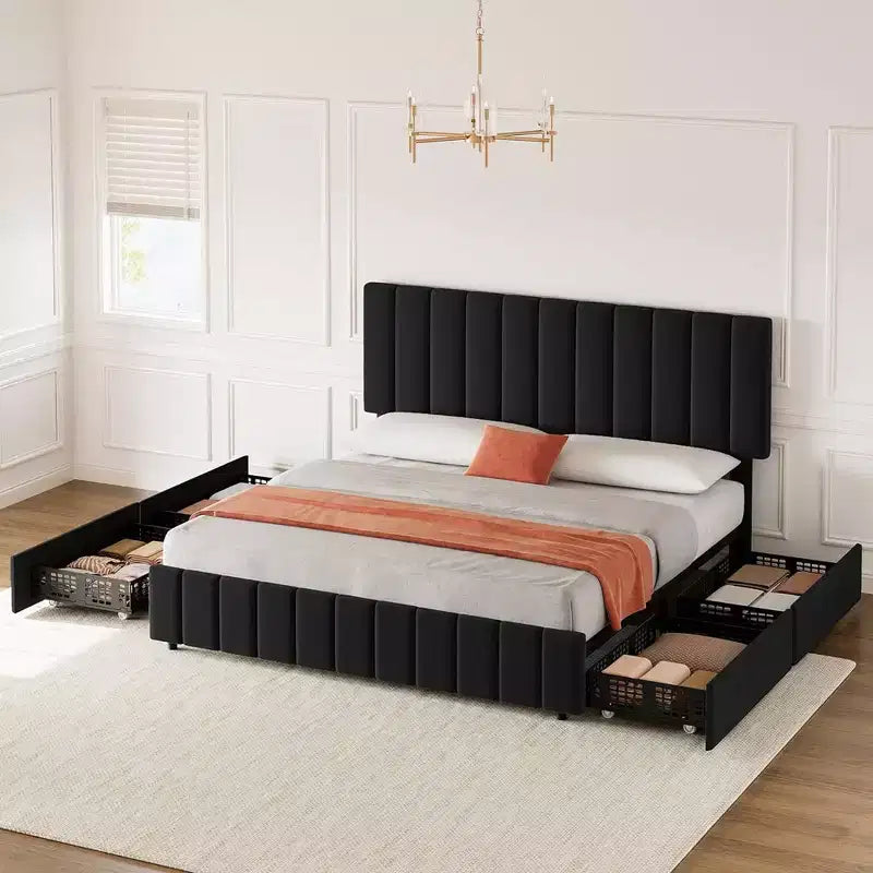 Struttura letto matrimoniale Whizmax con testiera regolabile e 4 cassetti, struttura letto a piattaforma imbottita in lino, nessun bisogno di rete a molle