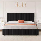 Struttura letto matrimoniale Whizmax con testiera regolabile e 4 cassetti, struttura letto a piattaforma imbottita in lino, nessun bisogno di rete a molle