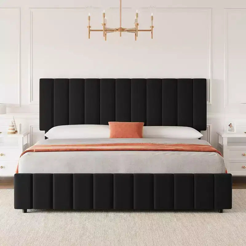Struttura letto matrimoniale Whizmax con testiera regolabile e 4 cassetti, struttura letto a piattaforma imbottita in lino, nessun bisogno di rete a molle