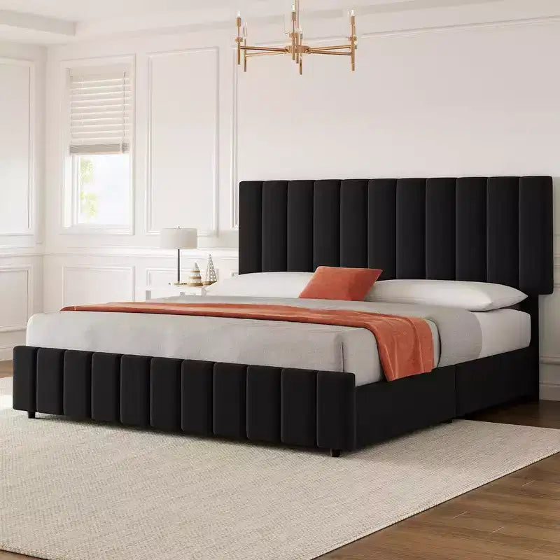 Struttura letto matrimoniale Whizmax con testiera regolabile e 4 cassetti, struttura letto a piattaforma imbottita in lino, nessun bisogno di rete a molle