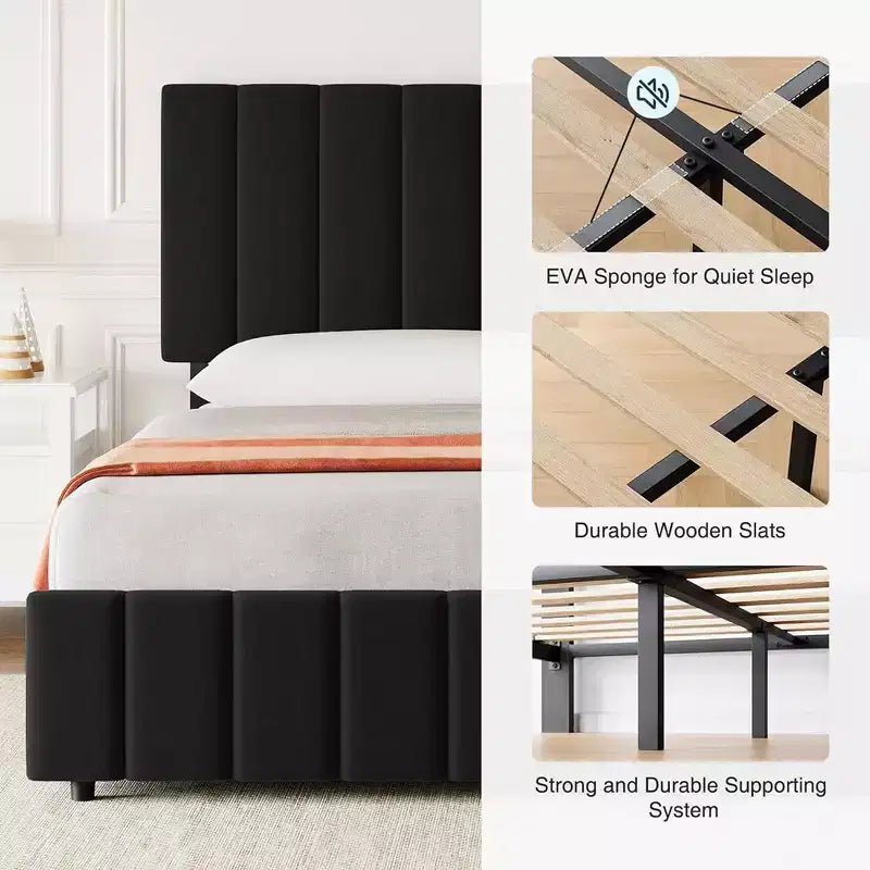 Struttura letto matrimoniale Whizmax con testiera regolabile e 4 cassetti, struttura letto a piattaforma imbottita in lino, nessun bisogno di rete a molle