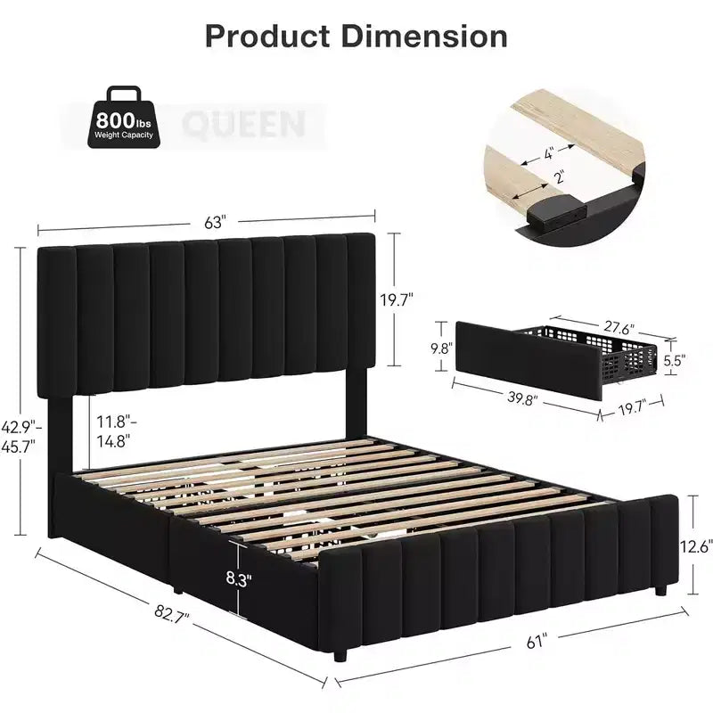 Struttura letto matrimoniale Whizmax con testiera regolabile e 4 cassetti, struttura letto a piattaforma imbottita in lino, nessun bisogno di rete a molle